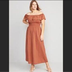 Old Navy Off-Shoulder Ruffled Smocked Maxi Dress Henna Rust Size L NWOT